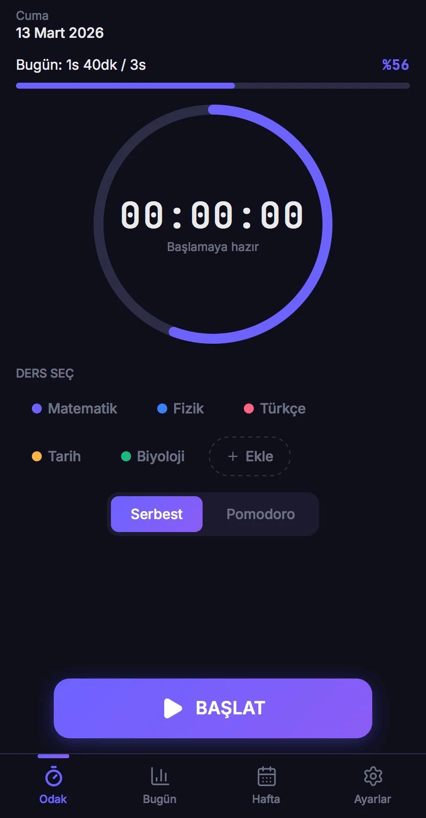 CeDak odak ekranı: ortada dairesel zamanlayıcı, altında ders seçimi, serbest ve Pomodoro modları ve Başlat düğmesi.
